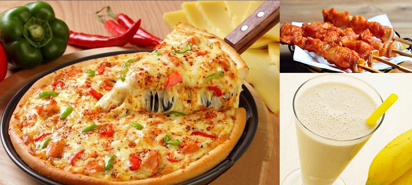 双人套餐: 鲜香培根披萨(9寸) 骨肉相连4串 香蕉牛奶2杯