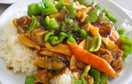 尖椒肥肠盖饭 订餐电话:7666696一个电话马上送上门